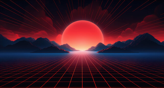 Red grid floor on a glow neon night red grid background, in the style of atmospheric clouds, concert poster, rollerwave, technological design, shaped canvas, smokey vaporwave background.