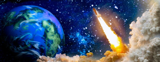 Wall Mural - rockets launch into space on the starry sky. spacecraft flies into space with clouds of smoke. eleme