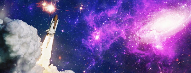 Wall Mural - rockets launch into space on the starry sky. spacecraft flies into space with clouds of smoke. eleme