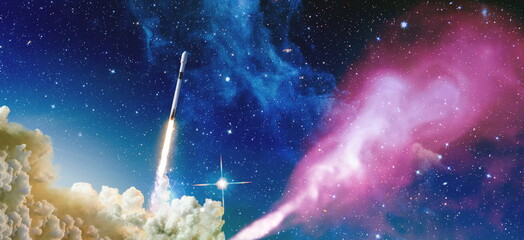 Wall Mural - rockets launch into space on the starry sky. spacecraft flies into space with clouds of smoke. eleme