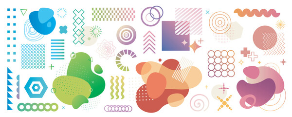 Fototapete - Abstract geometric symbols mega set in flat graphic design. Collection elements of Memphis geometry shapes, bright dynamic circles, blobs, dot grids, liquid wave blobs, others. Vector illustration.