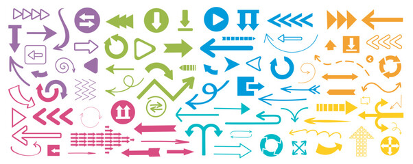 Leinwandbilder - Arrows and pointers mega set in flat graphic design. Collection elements of colors cursors, download or upload signs, turning circles, clicks, repetitions, next, up and others. Vector illustration.