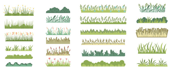Leinwandbilder - Green grass with flowers mega set in flat graphic design. Collection elements of meadow herbal horizontal layers with variative wildflowers, bushes and leaves for landscape. Vector illustration.