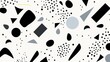 A Memphis pattern with a minimalist twist, featuring simple geometric shapes in black and white, arranged in a clean and structured composition