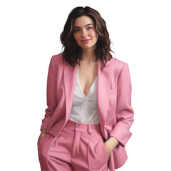 Wall Mural - a woman in a pink suit is standing with her hands in her pockets on transparent