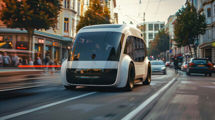 Aufkleber - Autonomous Shuttle Bus Navigating Urban Street at Twilight