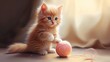 A gentle pastel peach kitten playing with a yarn ball