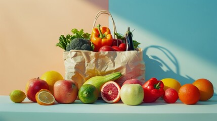 Wall Mural - Side view of a grocery bag with colorful produce on a light pastel counter