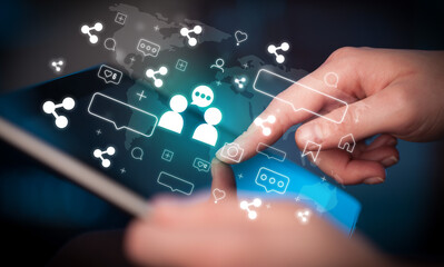 Aufkleber - Close-up of a hand using tablet, social media concept