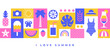 Summer horizontal banner with colorful icons and symbols in blocks.