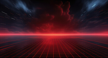 Wall Mural - Red grid floor line on glow neon night red background, Synthwave vaporwave retrowave cyber background, concert poster, rollerwave, technological design, shaped canvas, smokey cloud wave background.
