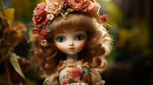 Small, Cute Doll Made Of Wax, Wearing A Flower Headband, Beautiful Clothes, Standing, White Background Generate AI