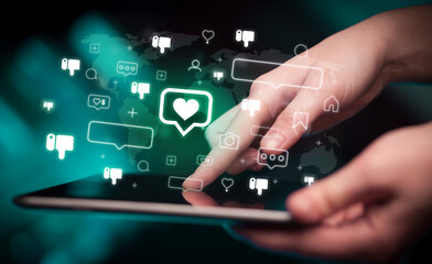 Aufkleber - Close-up of a hand using tablet, social media concept