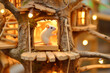 White mouse sitting in a wooden house with lights in the background
