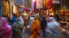 Vibrant Market Alley With Motion Blur Of People Shopping. Cultural Travel And Commerce Concept.