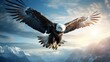 the eagle flies, in the blue clouds, with mighty wings Generate AI
