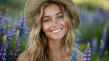 Wall Mural - Smiling Woman in Straw Hat