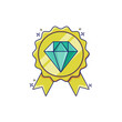 Premium quality icon with diamond and ribbon badge on white background. Diamond award cartoon vector illustration