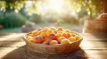 Basket Of Ripe Apricots In An Orchard.