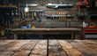 wooden table with garage tool background