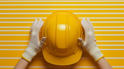 Gloved hands gripping a bright yellow construction helmet against a striped background