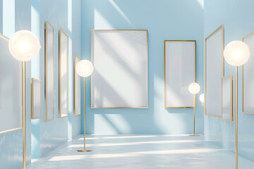Wall Mural - A museum hall with crisp, sky blue walls and several minimalist, pure gold frame mockups. Each frame is highlighted by a focused beam of light from sleek, round spotlight lamps, 