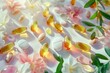 Various pills and flowers arranged on a table, suitable for medical or wellness concepts