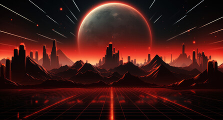 Wall Mural - Abstract landscape on a red background. Cyberspace grid. hi tech network. 3D illustration