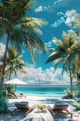 Poster - Relaxing beach scene with two lounge chairs under palm trees. Perfect for travel and vacation concepts