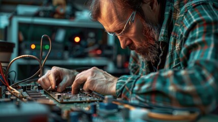 Poster - A man is seen working on a circuit board. Suitable for technology and electronics concepts