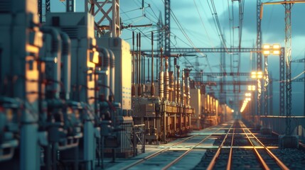 Poster - A train traveling down train tracks next to power lines. Ideal for transportation and industrial concepts