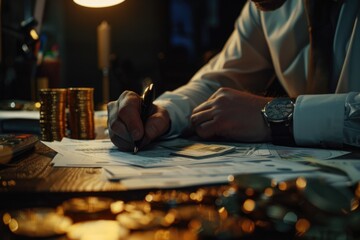 Poster - A man sitting at a table writing on a piece of paper. Suitable for business or education concepts