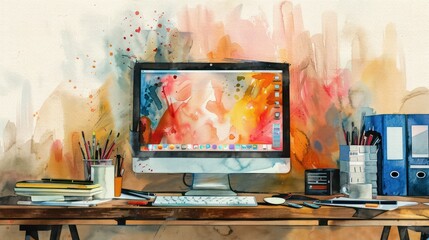 Wall Mural - In a watercolor painting, a monitor is seen on a tidy desk.
