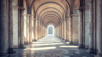 Poster - A long hallway with columns and a clock on the wall. Suitable for interior design concepts
