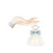 Tailor's hand with a doll's dress. All elements are drawn with watercolors and isolated