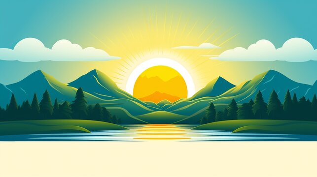 Green mountain logo and yellow sun, there is a blue river Generate AI