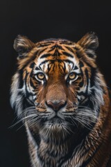 Poster - Close up of a tiger's face on a black background. Perfect for wildlife or animal-themed designs