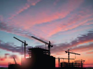 Wall Mural - six black cranes build house at sunset