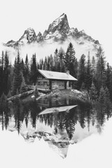 Poster - A serene image of a cabin nestled in the mountains, perfect for outdoor enthusiasts