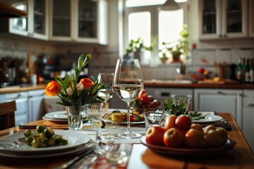 Poster - A table set with plates of food and glasses of wine, perfect for dining or celebration events