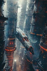 Poster - A futuristic spaceship soaring above a city at night. Ideal for sci-fi concepts
