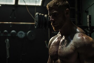 Poster - A strong man standing in a gym. Perfect for fitness and workout concepts