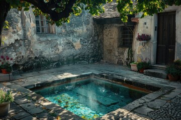 Aufkleber - Stone patio with a small pool, perfect for outdoor relaxation
