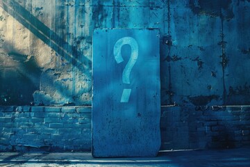 Poster - A blue door with a question mark symbol on it. Suitable for mystery or problem solving concepts
