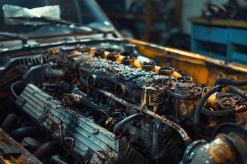 Poster - Detailed view of an engine in a vehicle. Ideal for automotive industry use