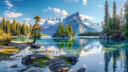 Poster - Scenic view of a lake with a mountain in the background. Suitable for travel brochures