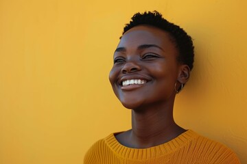 Wall Mural - Portrait of a joyful young woman with a bright smile, wearing a yellow sweater against a vibrant yellow background.