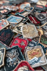 Poster - Colorful patchwork patches neatly stacked on a table. Perfect for DIY and crafting projects