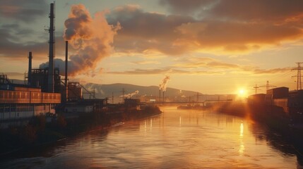 Aufkleber - A picturesque sunset over a river with smoke rising from the water. Ideal for environmental and industrial concepts
