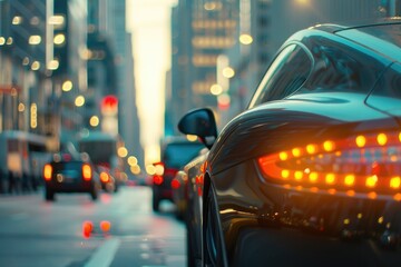 Poster - A detailed view of a car parked on a bustling city street. Suitable for urban lifestyle themes